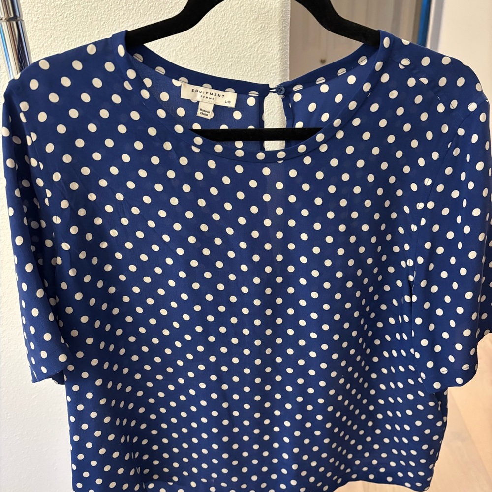Equipment Blue and White Polka Dot Short Sleeve Blouse